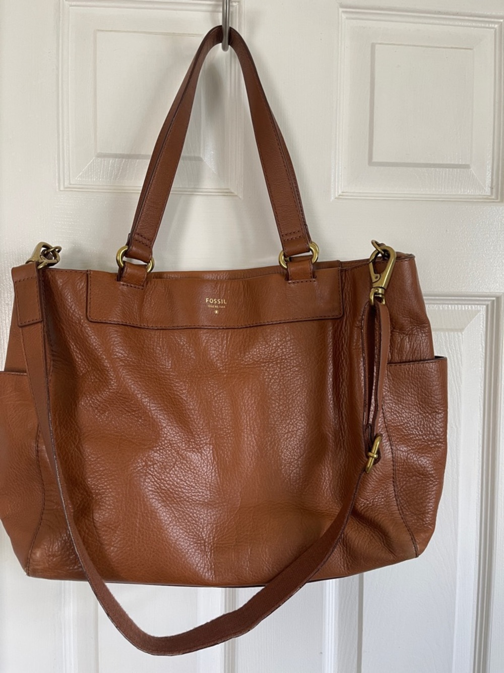 Fossil Cognac Brown Leather Tote with Gold-Tone Hardware